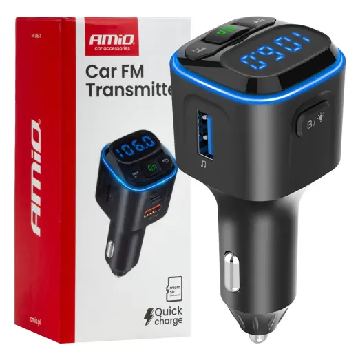 Car FM Transmitter 1×USB-A 2×USB-C 12V 24V AMIO-04651