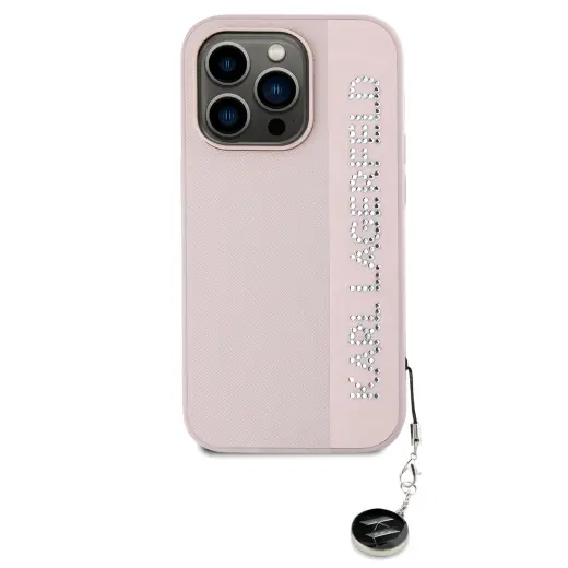 Karl Lagerfeld PU Saffiano Rhinestone Charm telefoni ümbris iPhone 14 Pro roosa