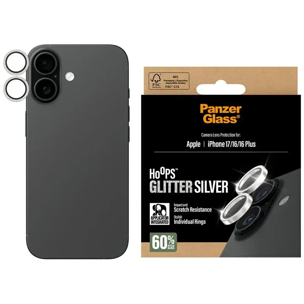 Tempered glass lens protector PanzerGlass Hoops Glitter for iPhone 17 | 16 | 16 Plus silver