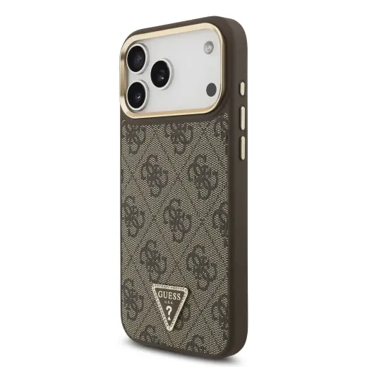 Guess PU Leather 4G Strass Triangle Logo Gold Frame MagSafe Case for iPhone 17 Pro Max Brown