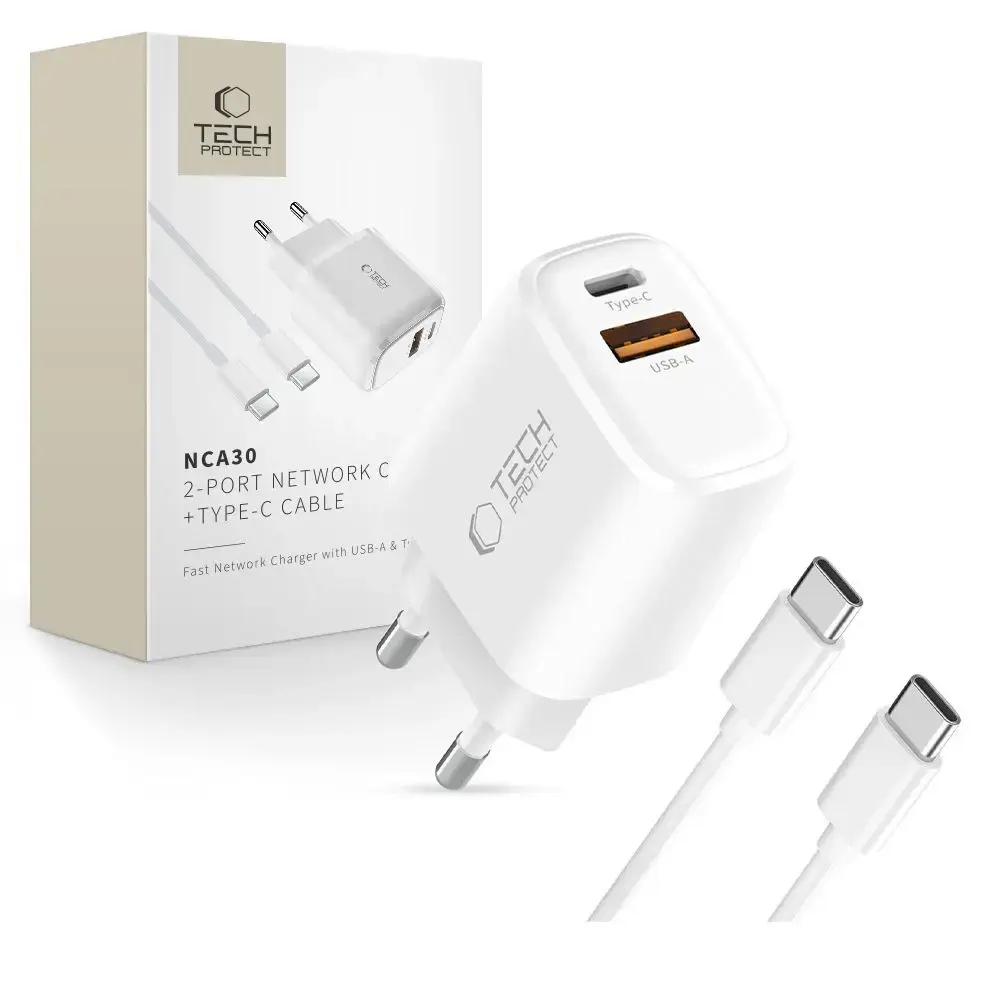 Tech-Protect NCA30 tīkla lādētājs | 30W | PD, QC | USB-A, USB-C | ar USB-C uz USB-C vadu komplektā | balts