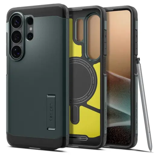 Spigen Tough Armor Mag telefono dėklas su MagSafe palaikymu Samsung Galaxy S26 Ultra (S948) žalias