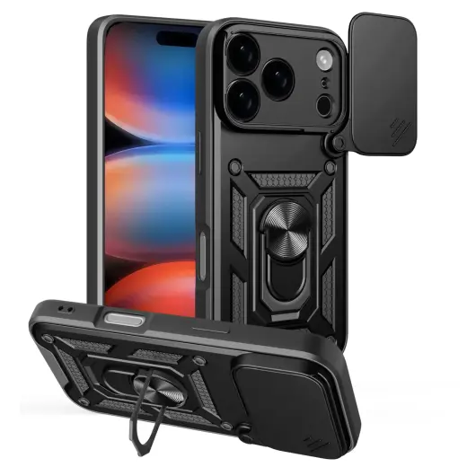 Defender Slide phone case with stand for iPhone 17 Pro black (with camera lens protection)