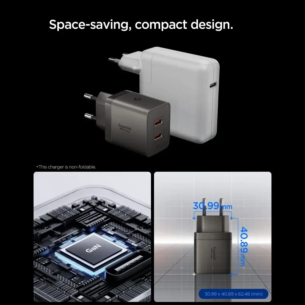 Spigen Essential EE472EU-GAN tīkla lādētājs | 47W | GaN | USB-C, USB-A | pelēks