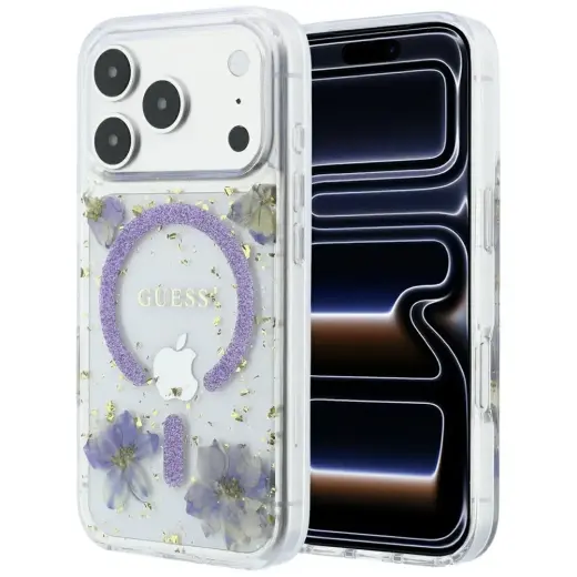 Guess Resin Flowers Glitter MagSafe Case for iPhone 18 Pro Max / 17 Pro Max Purple