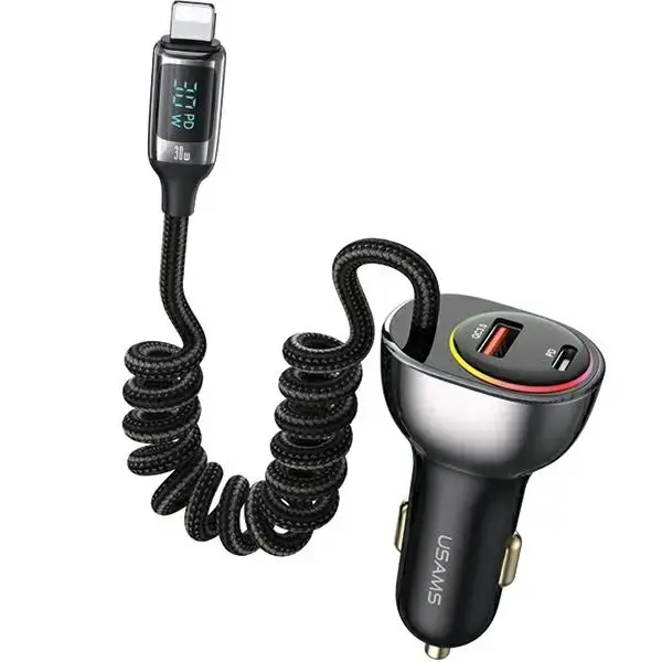 USAMS C37 CC193 automašīnas lādētājs | 60W | PD, QC | USB-A, USB-C | ar Lightning vadu komplektā | melns