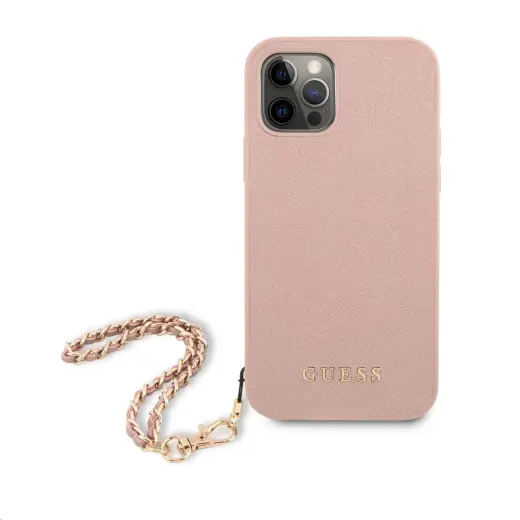 GUHCP12LSASGPI Guess PU Saffiano Gold Chain Case for iPhone 12 Pro Max Pink