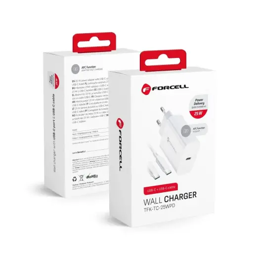 Forcell F-Energy tīkla lādētājs | 25W | PD, QC | USB-C | ar USB-C uz USB-C vadu komplektā | balts