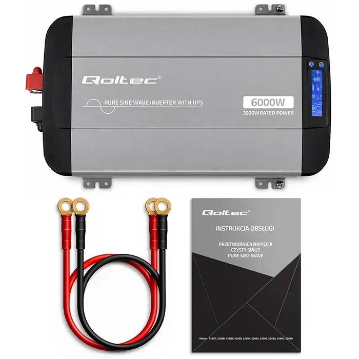 Qoltec Pure Sine Wave Inverter with UPS | 12V to 230V | 3000/6000W | USB | Compatible with LiFePO4 GEL AGM