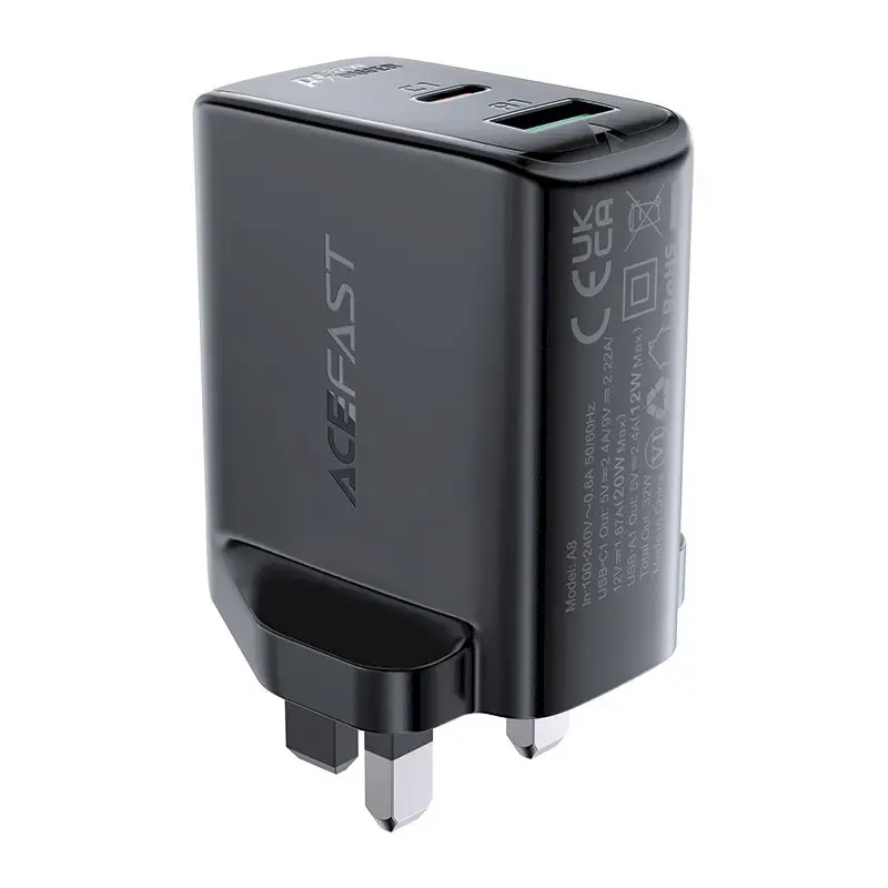 Acefast wall charger (UK plug) USB Type C | USB 32W, PPS, PD, QC 3.0, AFC, FCP black (A8 black)