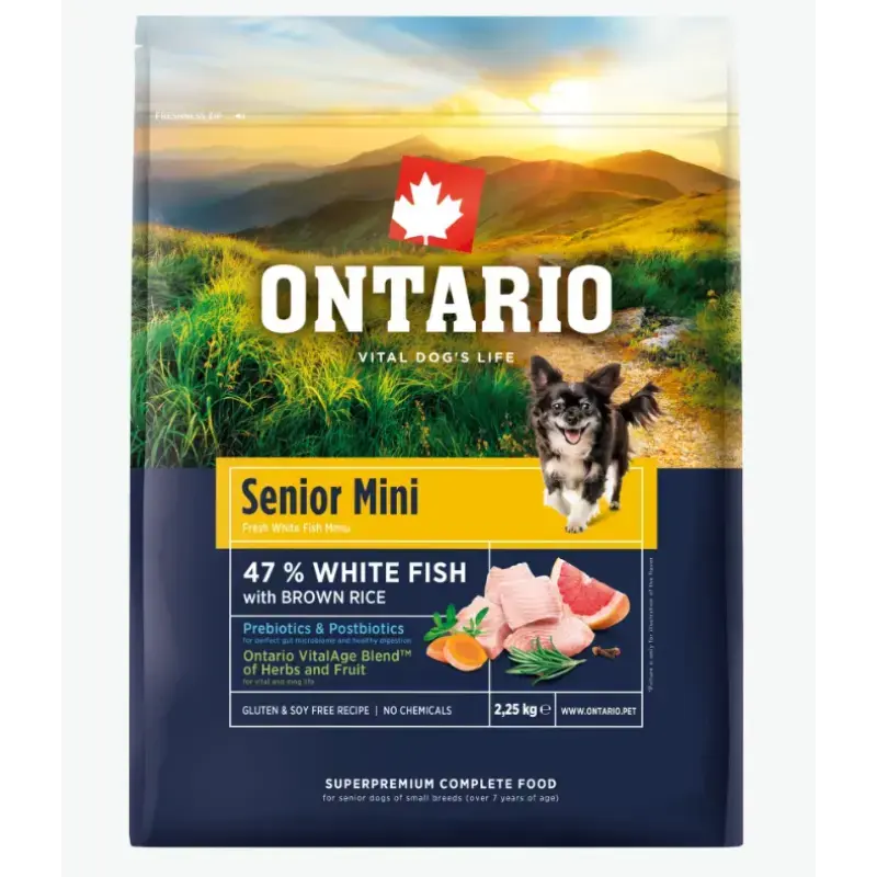 Barība suņiem – Ontario Senior Mini, Fish and Brown Rice, 2,25 kg