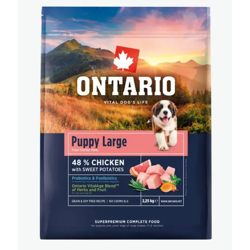 Barība kucēniem – Ontario Puppy and Junior Large, Chicken and Sweet Potatoes, 2,25 kg