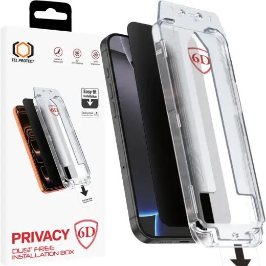 Tel Protect Dust-Free Easy Fit Privacy Full Glue 6D Tempered Glass for Iphone 13/13 Pro/16E/17E black