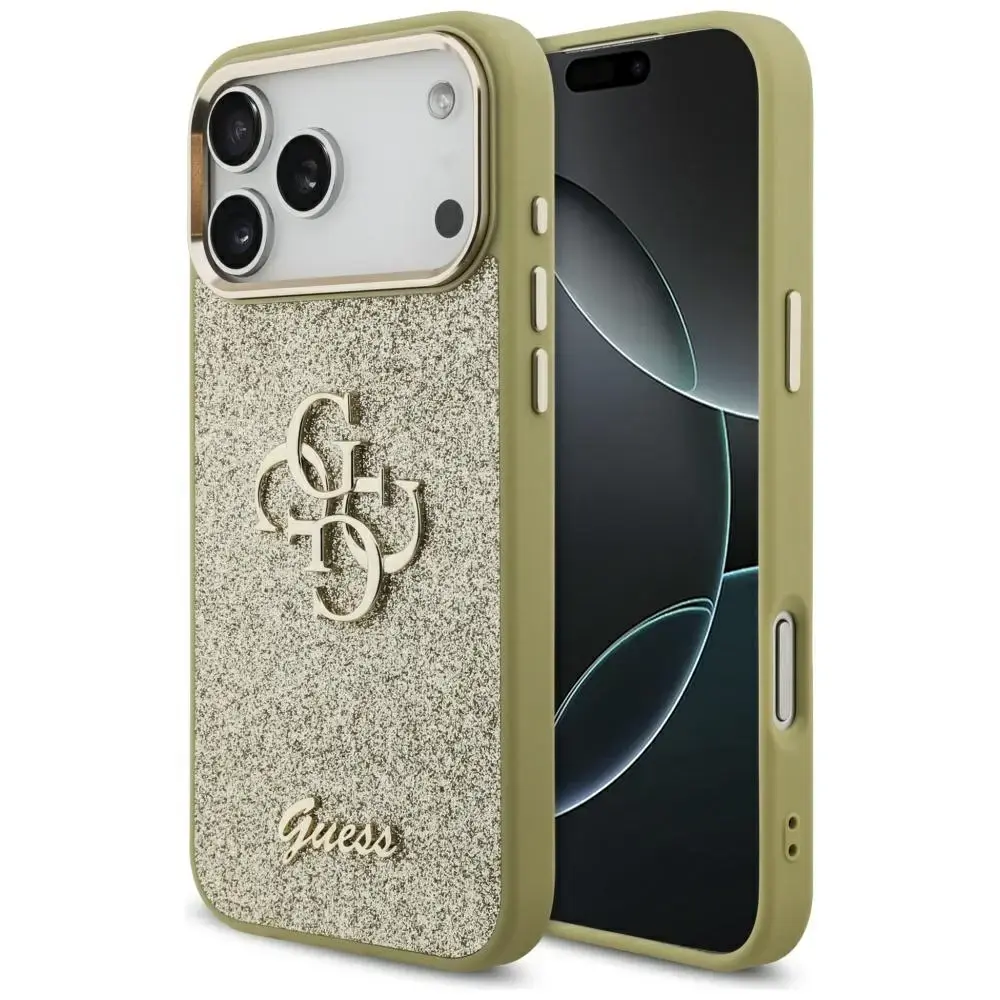 Guess Fixed Glitter Big 4G Metal Frame maciņš telefonam iPhone 17 Pro Max zeltains