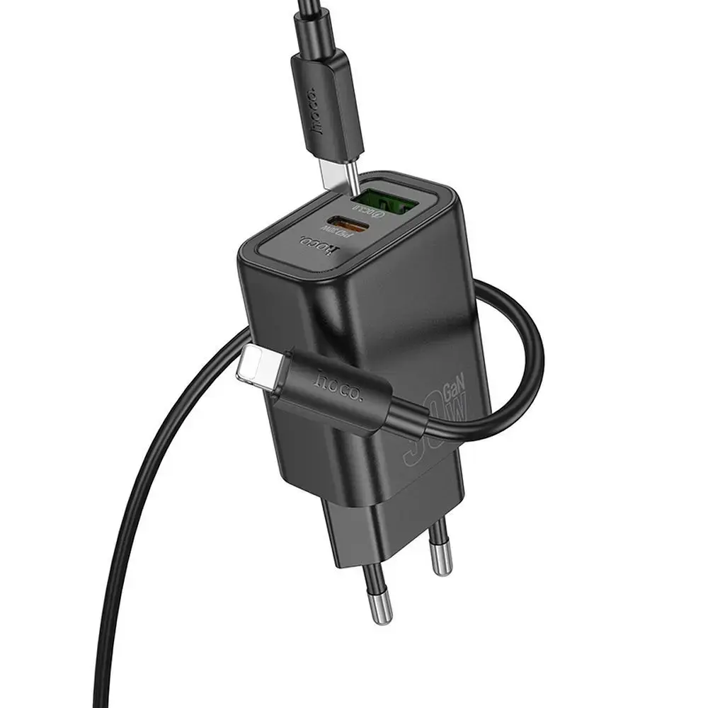 HOCO N63 tīkla lādētājs | 30W | PD, QC | USB-A, USB-C | ar USB-C uz Lightning vadu komplektā | melns