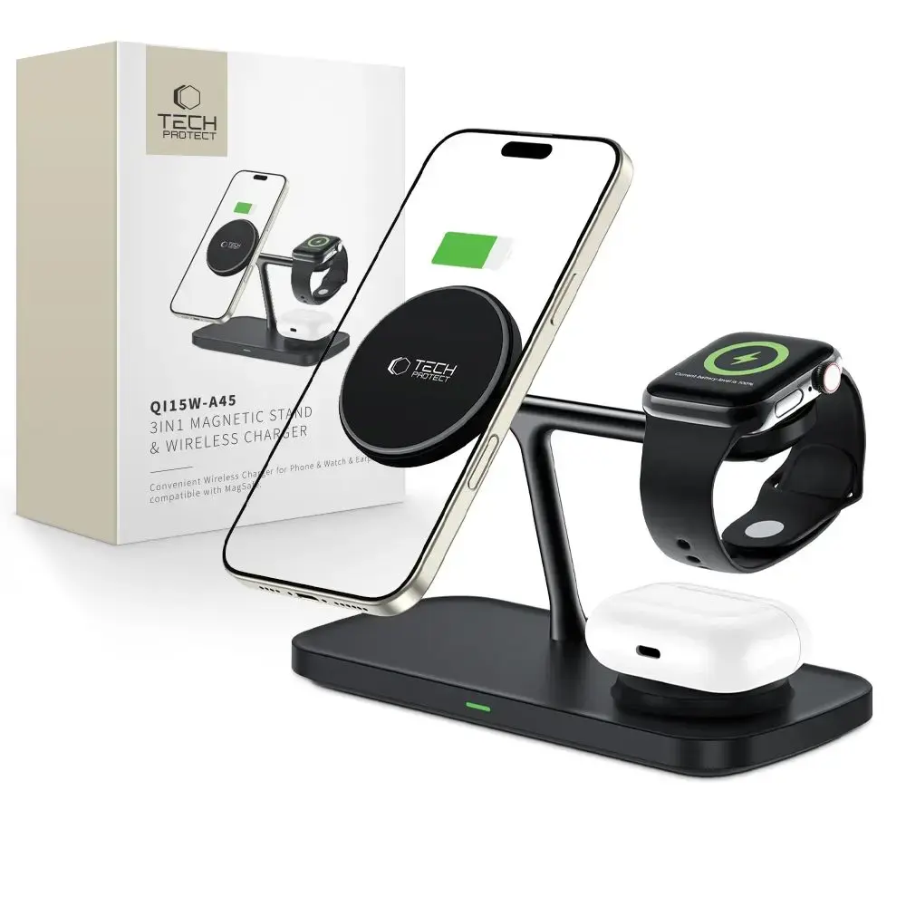 Tech-Protect QI15W-A45 3-in-1 bezvadu lādētājs | Qi | Saderīgs ar MagSafe | 15W | melns