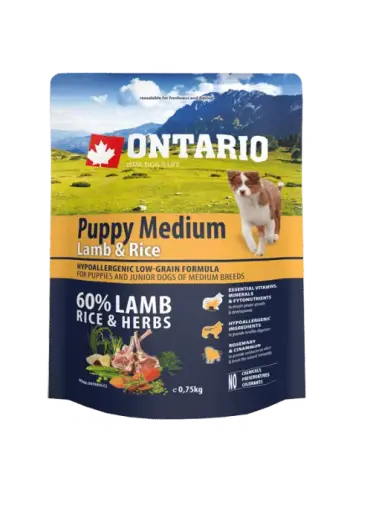 Sausā barība kucēniem - Ontario Dog Puppy Medium Lamb and Rice, 0.75kg