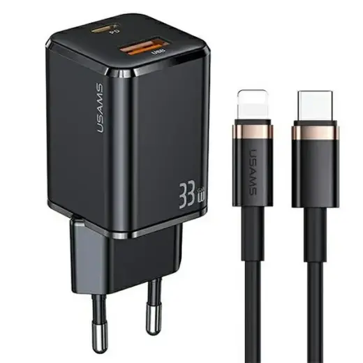 USAMS T43 travel charger | 33W | PD3.0, QC3.0 | USB-C, USB-A | with USB-C to Lightning cable included | black