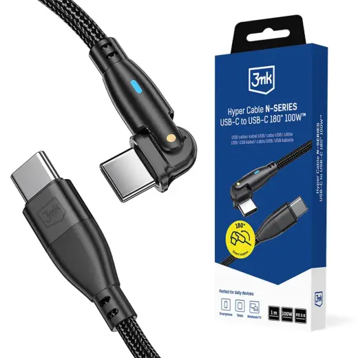 3mk Protection Hyper N-SERIES duomenų perdavimo ir įkrovimo laidas | USB-C į USB-C | PD 3.0, QC 3.0 | 100W | 1m | juodas