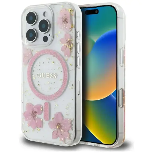 Case Guess Resin Flowers MagSafe for iPhone 16 Pro Max pink