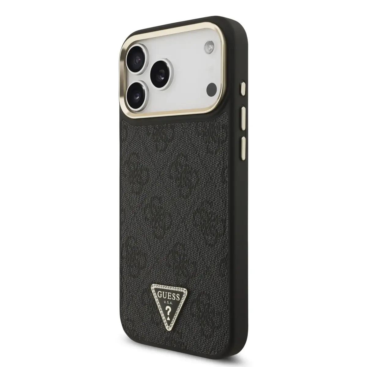 Guess PU Leather 4G Strass Triangle Logo Gold Frame MagSafe Case for iPhone 17 Pro Max Black