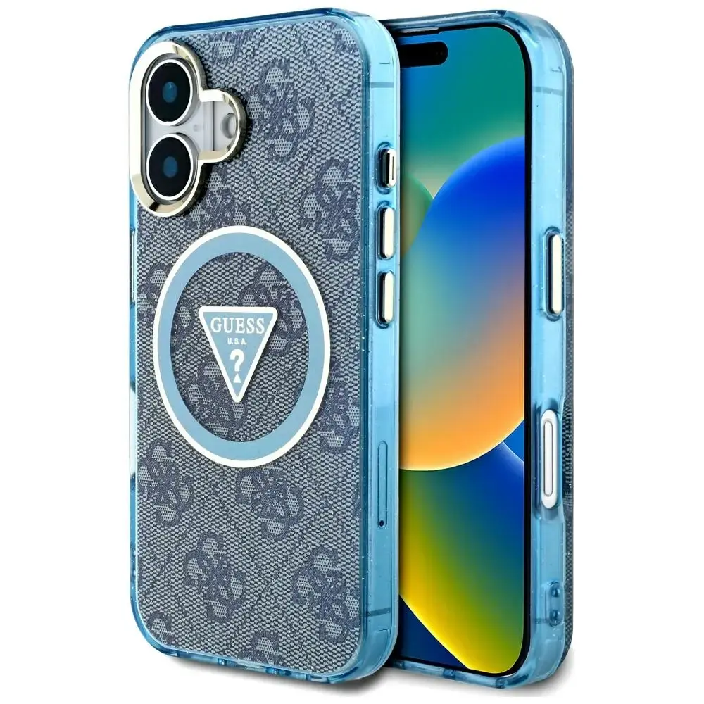 Guess IML Metal Glitter 4G Circle Triangle telefona maciņš priekš iPhone 16 zils ar MagSafe