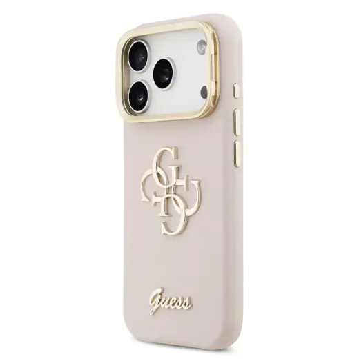 Guess PU Grained 4G Logo Stand Camera Frame Case for iPhone 17 Pro Pink