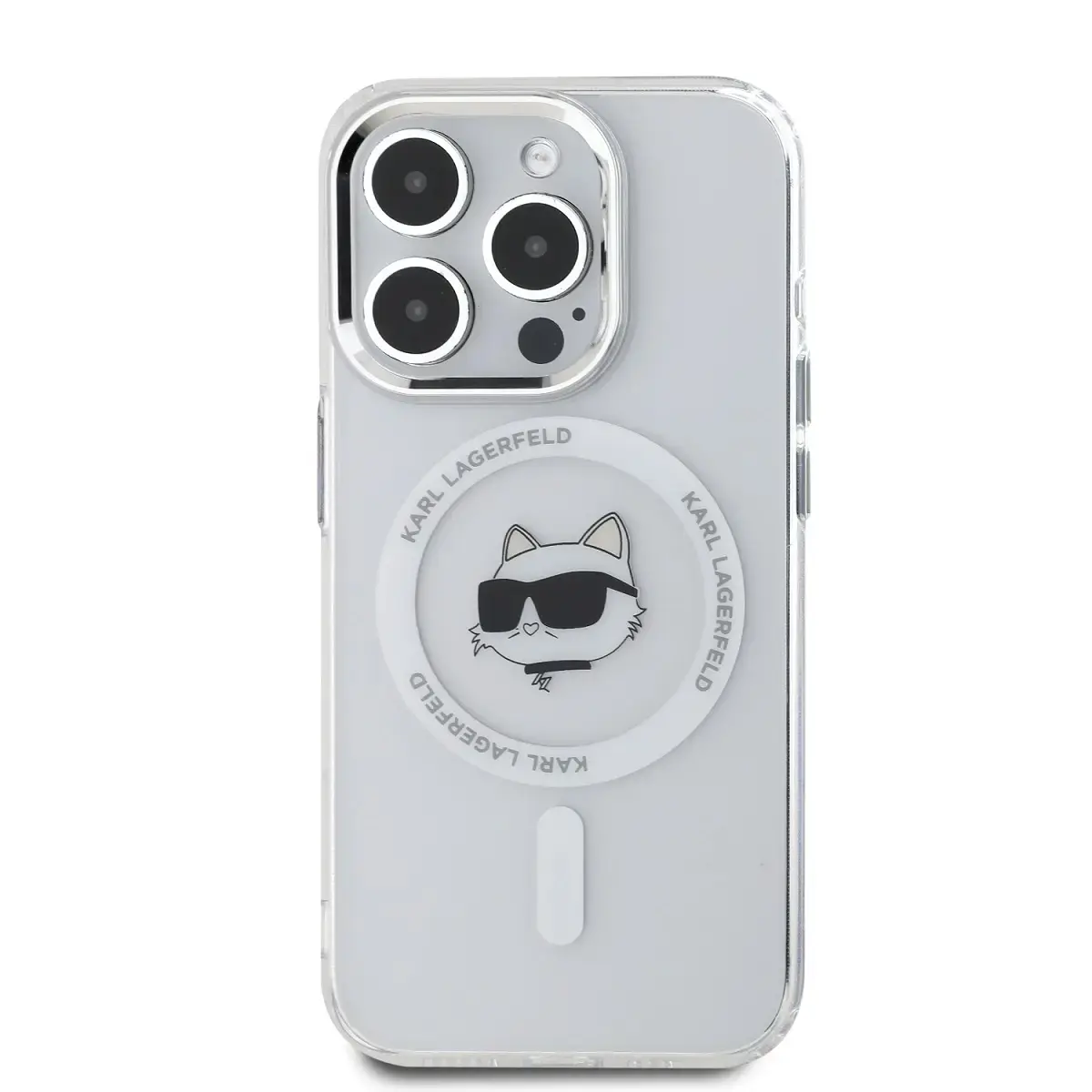 Karl Lagerfeld IML Choupette Head Metal Frame MagSafe Case for iPhone 15 Pro Max Transparent
