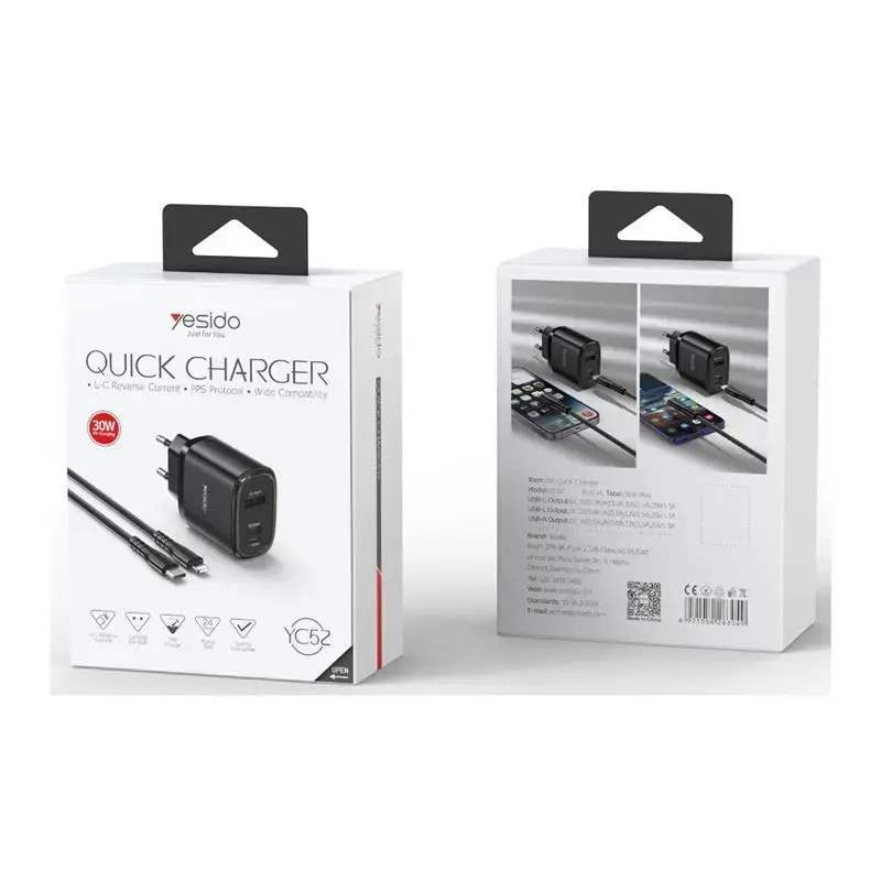 YESIDO WALL CHARGER YC52 PD 30W QC USB-A/C/LIGHTNING + TYPE-C/LIGHTNING CABLE 27W 1M BLACK