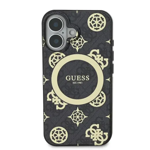 Guess GUHMP16SH4PYEEK iPhone 16 6.1" czarny|black hardcase IML Peony On 4G Background MagSafe