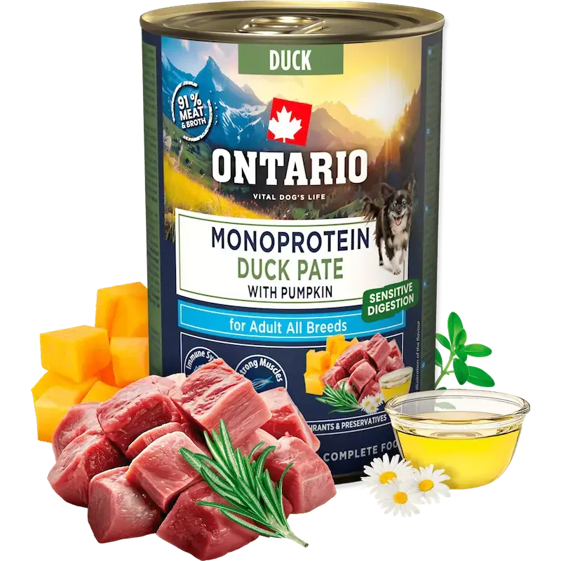 Konservi suņiem - Ontario Adult Monoprotein Duck Pate with Pumpkin 400g