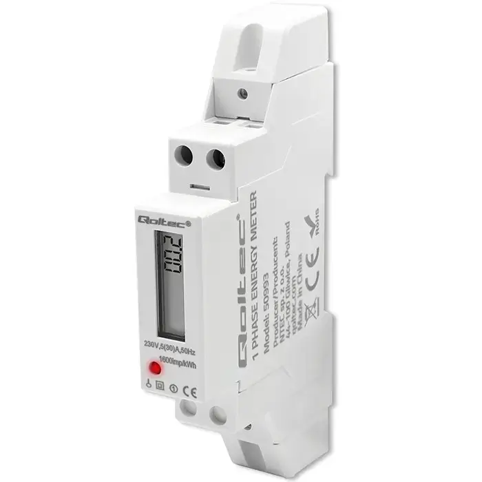 Qoltec Single-phase electronic meter | DIN rail energy consumption meter | 230V | 30A | LCD | 1P
