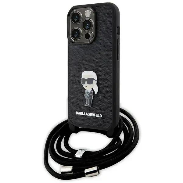 Karl Lagerfeld KLHCP15LSASKNPSK iPhone 15 Pro 6.1" hardcase czarny|black Crossbody Saffiano Monogram Metal Pin Karl & Choupette