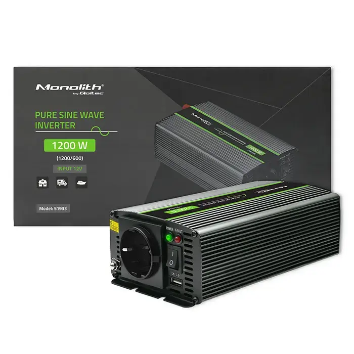 Qoltec Pure Sine Wave Inverter Monolith| 600W | 1200W | 12V to 230V