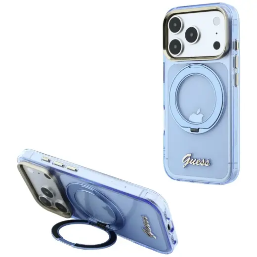 Чехол Guess IML Ring Stand 360 Script Metal Logo для iPhone 17 Pro | iPhone 18 Pro синий