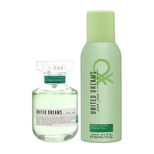 Set Benetton: United Dreams Live Free, Eau De Toilette, For Women, 80 ml + United Dreams Live Free, Anti-Perspirant, Deodorant Spray, Unisex, 150 ml