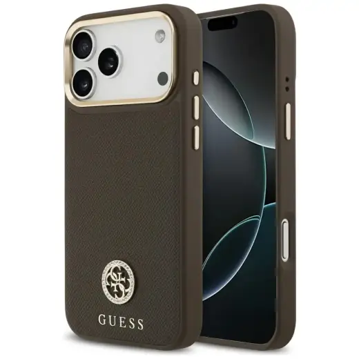 Case Guess Grained Strass Logo MagSafe for iPhone 17 Pro Max brown