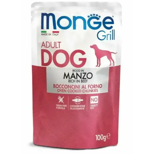 Monge Dog Grill Pouch Adult Chunkies Rich in Beef 100 g — complete wet food for adult dogs with beef, oven-baked chunks