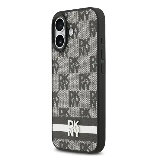 DKNY PU Leather Checkered Pattern and Stripe Case for iPhone 17 Black