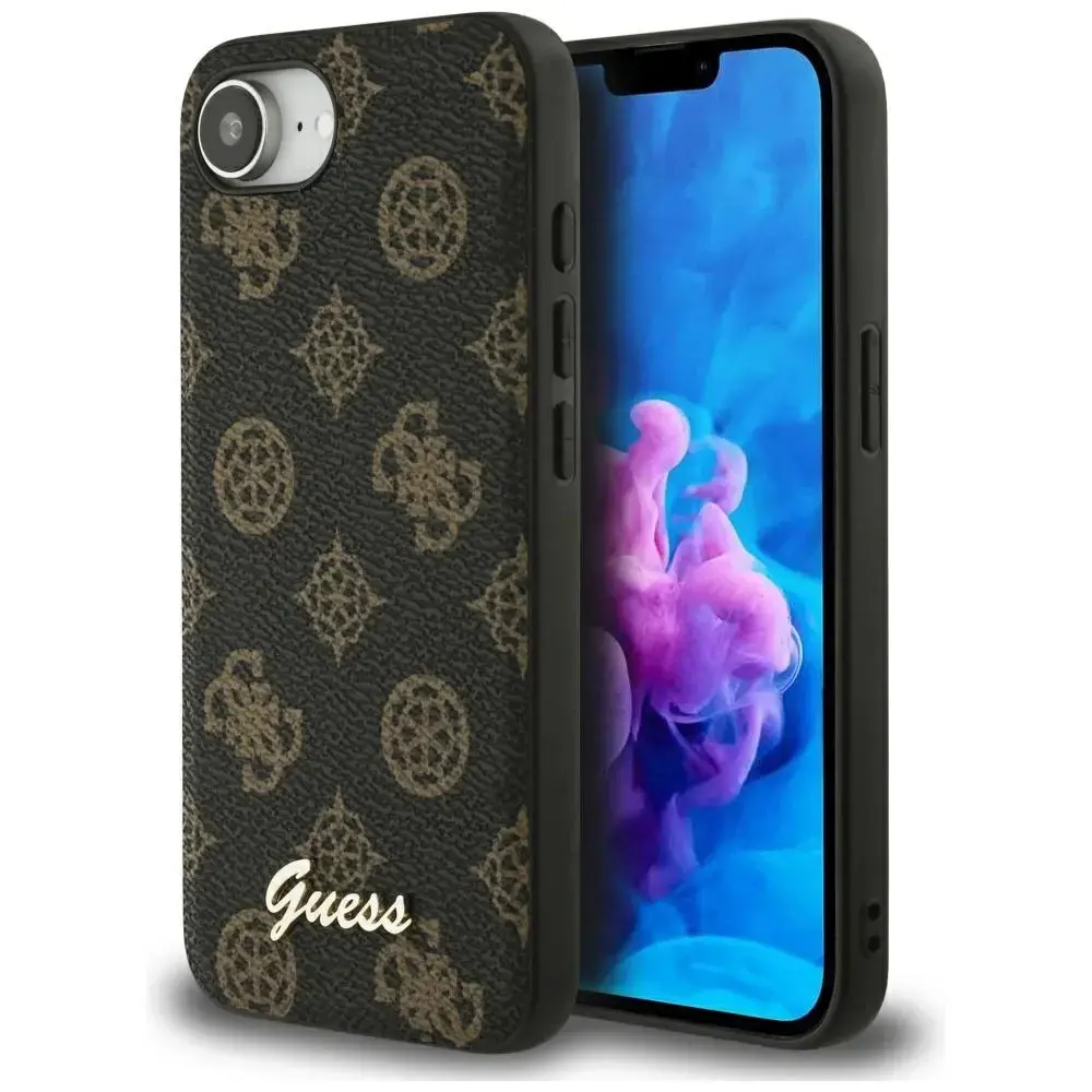 Guess Peony Script Logo MagSafe telefona maciņš iPhone 16e melnā krāsā