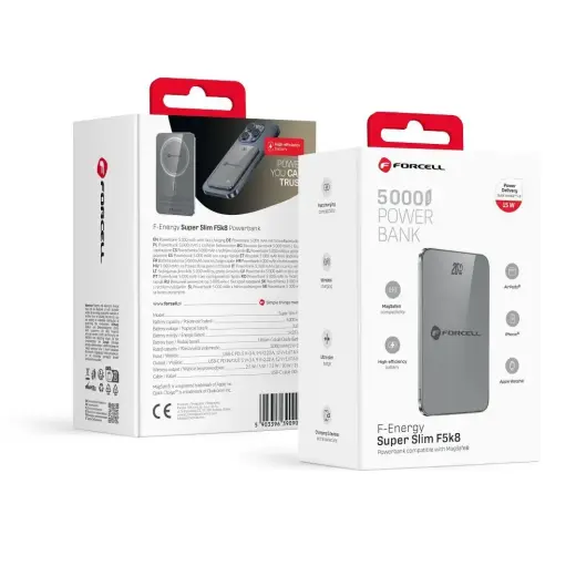 Forcell F-Energy SuperSlim F5K8 ārējais akumulators (powerbank) | 5000 mAh | 15W | PD3.0, QC4.0 | USB-C, MagSafe | pelēks