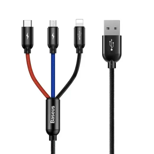 Baseus Three Primary Colors 3-in-1 datu pārraides un uzlādes vads | USB-A uz USB-C, Lightning, Micro USB | 15W | 1.2m | melns