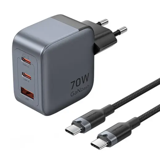 Vention 70W tīkla lādētājs | 70W | GaN | USB-C, USB-A | ar USB-C-C vadu 1m | pelēks | pelēks