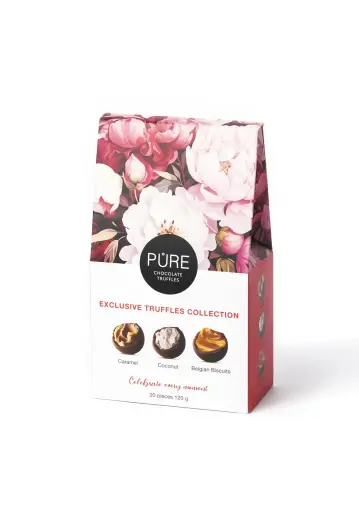 Milk chocolate truffles with fillings (caramel, Belgian cookie, coconut) "Pavasaris" 120g PURE