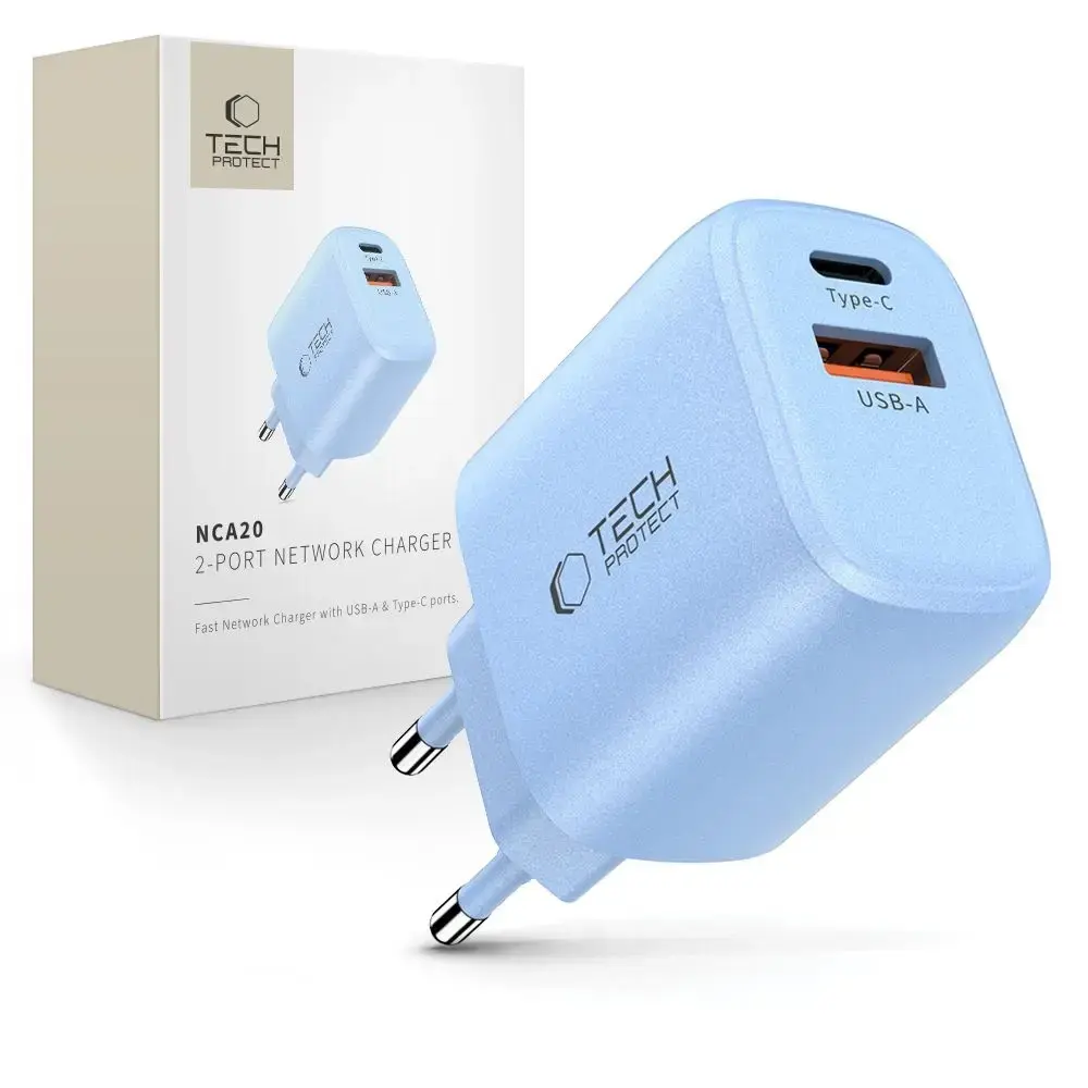 Tech-Protect NCA20 tīkla lādētājs | 20W | PD, QC | USB-A, USB-C | zils