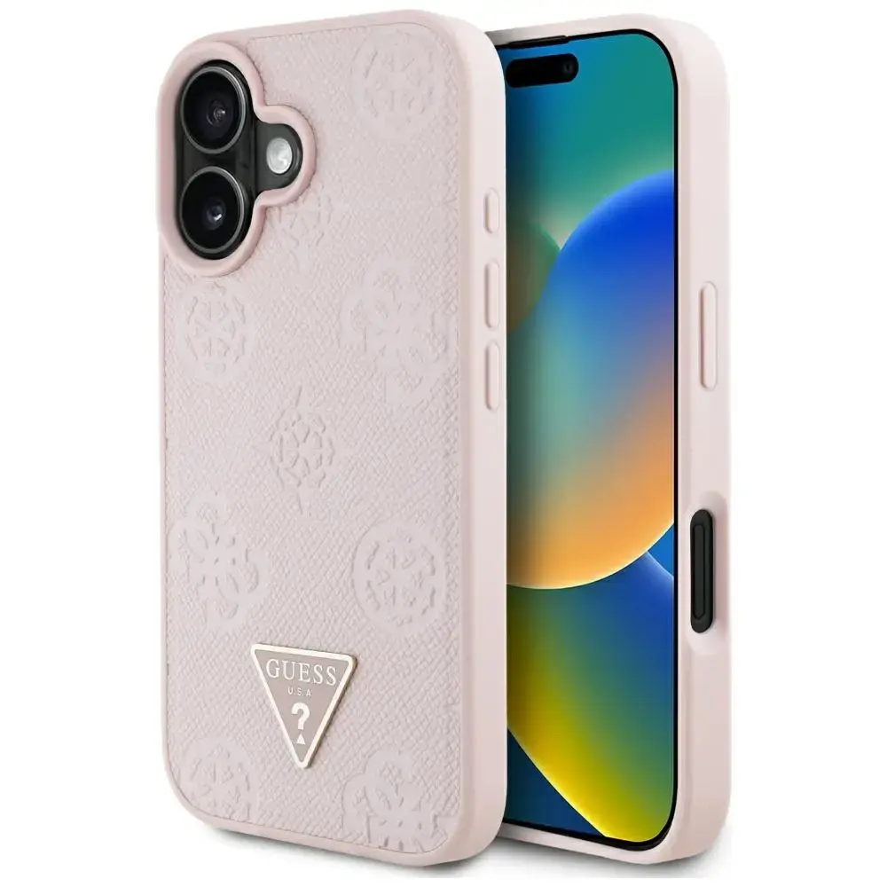 Guess Grained Hot Stamp Peony Triangle Logo MagSafe telefona maciņš iPhone 16 rozā