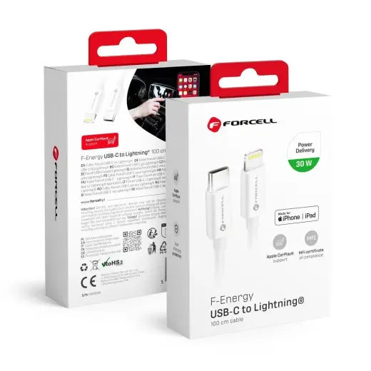 Forcell F-Energy C901 duomenų perdavimo ir įkrovimo laidas | MFI | USB-C į Lightning | PD | 30W | 1m | baltas