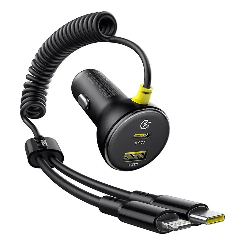 Baseus Circular Plastic automašīnas lādētājs | 60W | USB-C, Lightning | ar USB-C & Lightning vadu komplektā | kosmiski melns
