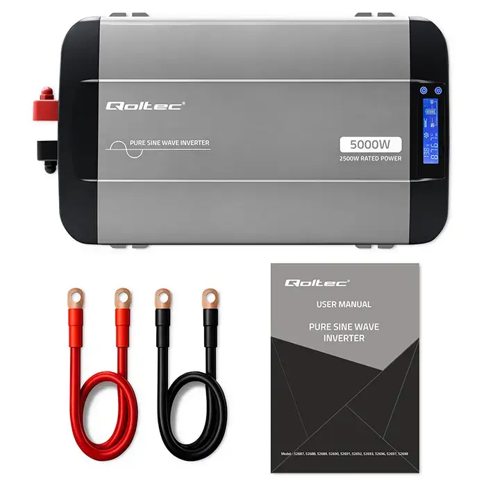 Qoltec Pure Sine Wave Inverter | 12V to 230V | 2500/5000W | LCD | USB | USC-C | Compatible with LiFePO4 GEL AGM