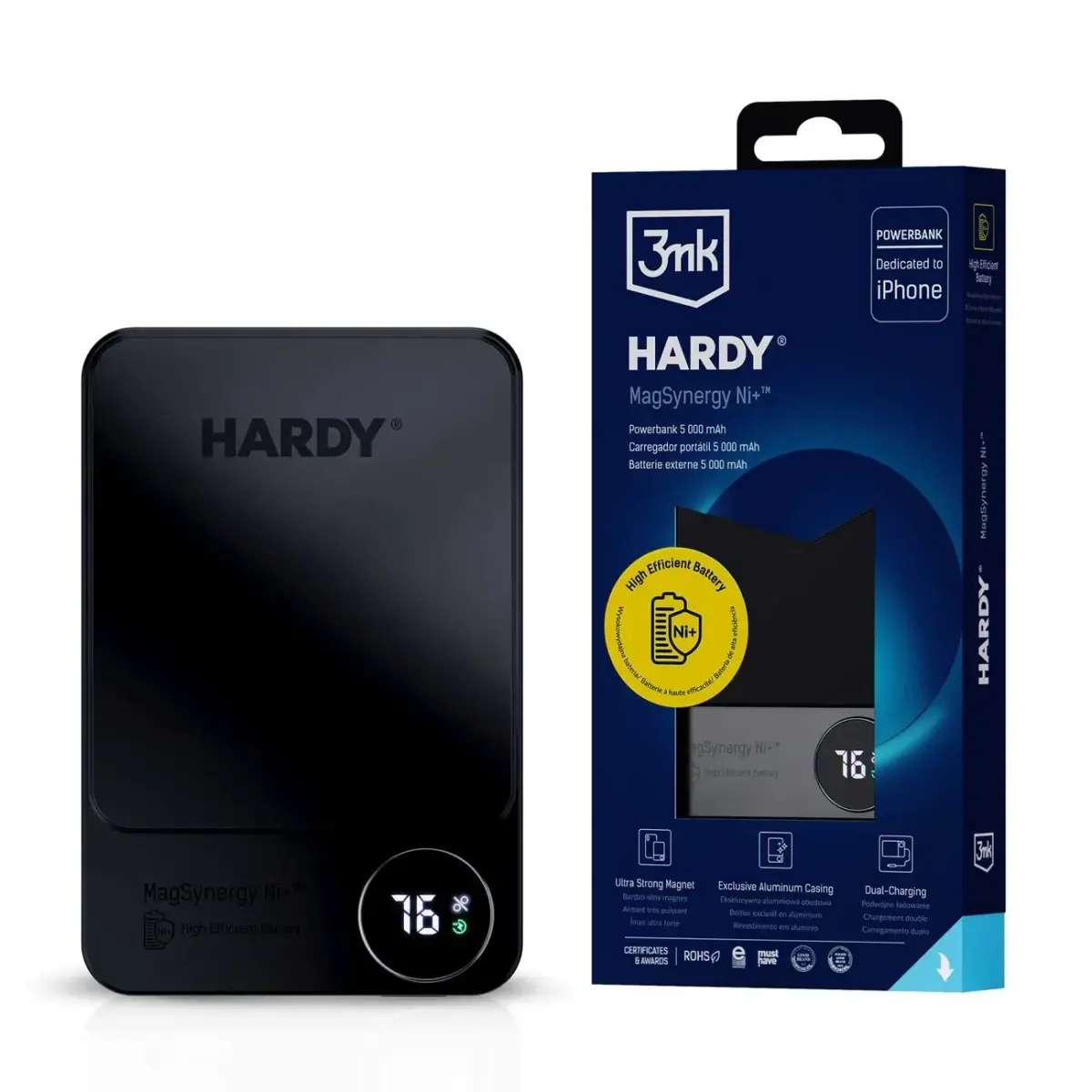 3mk HARDY MagSynergy Ni+ ārējais akumulators (powerbank) | 5000 mAh | 22.5W | USB-C, Lightning, MagSafe | melns
